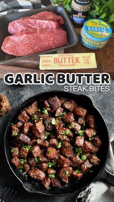 garlic butter steak bites in a cast iron skillet on a table with other ingredients