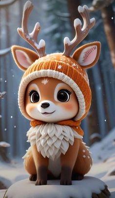 a little deer wearing a knitted hat and scarf in the snow with antlers on it's head