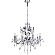 a chrome chandelier with crystal drops hanging from it's center and four lights