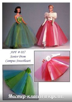 two dolls in dresses made out of tissue paper and tulle skirt, one is wearing a