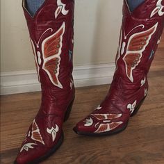 Corral Butterfly Inlay Red Leather Cowboy Boots Beautiful And Well Made Quality Speaks For Itself! Butterfly And Flower Inlay Detailing Red, Teal And White Genuine Leather Size 8.5 8 1/2 To 9 Fit Range Worn A Few Times Original Box And Packaging Stagecoach, Coachella, Festival, Western, Gunne Sax, Prairie, Cottagegore, Gypsy, Hippie Boots, Cowgirl, Costume, Halloween Red Pointed Toe Boots With Leather Lining, Red Almond Toe Boots With Leather Sole, Red Fitted Boots With Leather Lining, Fitted Red Boots With Leather Lining, Red Snip Toe Boots With Leather Sole, Red Leather Snip Toe Boots, Vintage Red Boots With Leather Sole, Cowgirl Costume Halloween, Hippie Boots