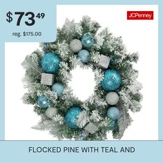 With the hustle and bustle of the Holiday you may not have enough time to decorate your home the way you would like to. This flocked pine wreath will make this year's decorating a breeze. It is accented with silver glittered ferns ball and square ornaments in blue and silver with sequins and glitter. This wreath is perfect for hanging on walls doors windows or add candles to create a unique table decoration. This wreath will be a great addition to your holiday decor for many years.Product featu… Square Ornaments, Teal And Silver, Artificial Christmas Wreaths, Pine Wreath, Unique Table, Silver Ornaments, Unique Tables, Silver Christmas, Christmas Wreaths Diy