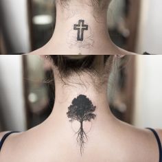 the back of a woman's neck with a tree and cross tattoo on it