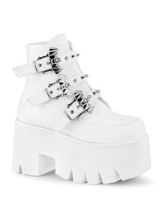 ASHES-55 White Gothic Bat Buckle Platform Boots White Platform Boots, Goth Shoes, Demonia Shoes, Attitude Clothing, Tokyo Street Fashion, Dr Shoes, Vegan Leather Boots, Kawaii Shoes, White Platform