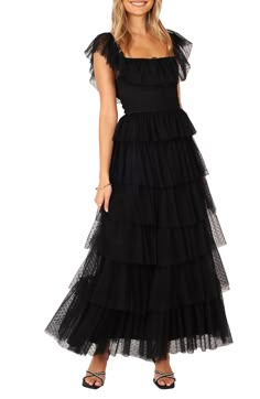 Petal & Pup Belle Swiss Dot Tulle Tiered Maxi Dress | Nordstrom Solid Midi Dress, Tulle Midi Dress, Tulle Maxi Dress, Black Tie Wedding Guests, Rush Dresses, Usa Dresses, Black Tulle, Tiered Maxi Dress, Women Maxi