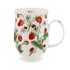 a white coffee cup with strawberries on it