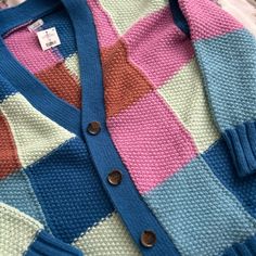 Splice Patchwork Cardigan Pink/Blue Patchwork Pink Spring Sweater, Blue Trendy Cardigan With Patchwork, Blue Color Block Cardigan For Fall, Trendy Blue Cardigan With Patchwork, Pink Patchwork Cardigan For Fall, Retro Patchwork Cardigan For Spring, Patch Work Cardigan, Pink Patchwork Cardigan For Spring, Pink Patchwork Cardigan For Winter