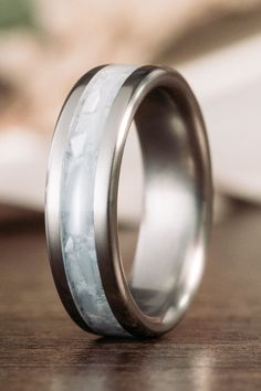 mother-of-pearl-mens-titanium-ring-mother-of-pearl-rustic-and-main Tungsten Men’s Wedding Band, Mens Wedding Band Unique, Titanium Mens Wedding Band, Mens Wedding Bands Silver, Pearl Ring Design, Stainless Steel Wedding Ring, Rustic Wedding Bands, Titanium Rings For Men, Mens Wedding Bands Unique