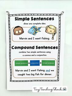 a poster with some writing on it that says compound sentences and two fish for dinner