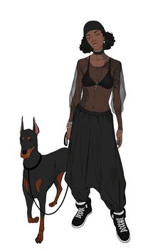 a woman standing next to a black dog on a leash in front of a white background