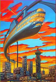 a painting of a large boat floating in the air over a city at sunset or sunrise