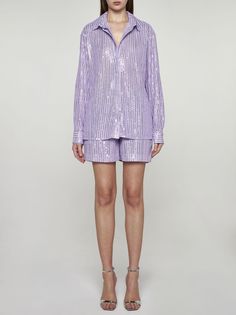 Stine Goya's Edel lavender fabric shirt featuring striped sequins, pointed collar, concealed front buttoning, buttoning on the back and cuffs and rounded hem. Composition: 100% recycled poliester Striped Long Sleeve Party Blouse, Spring Long Sleeve Sequin Shirt, Long Sleeve Sequin Shirt For Spring, Lavender Fabric, Scandinavian Aesthetic, Stine Goya, Sequin Shirt, Zegna Shoes, Sequin Shorts