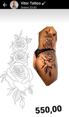 a woman's stomach with roses on it and the word tattoo written in black ink