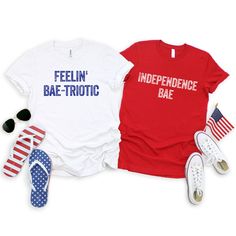 "These matching shirts are perfect for 4th of July photos or to add a festive touch to a family cookout! This super comfy tee has just the right amount of stretch, and the unisex cut is flattering for both men and women. LOOKING FOR MORE STYLES? Check out our shop under the \"T-Shirts\" link! SIZING Please note that sizes are unisex, so it will fit both men and women. If you prefer a more snug fit, you may consider sizing down. A chart is attached to help you choose your correct size. DETAILS - Patriotic Pre-shrunk Shirt For 4th Of July, Family Matching T-shirts For 4th Of July, Family Matching Short Sleeve T-shirt For 4th Of July, Fun 4th Of July Shirt With Letter Print, Family Matching Crew Neck T-shirts For 4th Of July, Funny 4th Of July Shirts, His And Her Shirts, Engagement Reveal, Couples Shirts Matching