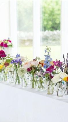 there are many vases with flowers in them on the long table by the windows