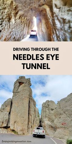 driving through the needles eye tunnel in joshua gordon national park, utah with text overlay that reads driving through the needles eye tunnel