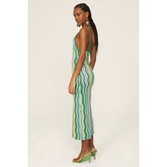 Green striped knit (65% Viscose, 28% Nylon, 7% Polyester). Sheath. Sleeveless. V-neck. Pull on. 50" from shoulder to hemline. Imported. Turquoise Dress, Ribbed Midi Dress, Simon Miller, Midi Sheath Dress, Sweater Dress Midi, Ribbed Dresses, Ribbed Knit Sweater, Halterneck Dress, Colorblock Dress