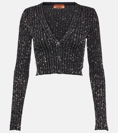 Sequined Cardigan in Black - Missoni | Mytheresa Elegant Cropped Fitted Sweater, Elegant Fitted Cropped Sweater, Fitted Cropped Knit Outerwear, Stretch Cropped Cardigan For Fall, Cropped Stretch Cardigan For Fall, Knit Cardigan For Fall Parties, Knit Cardigan For Party In Fall, Chic Stretch Cardigan For Party, Fall Party Knit Cardigan