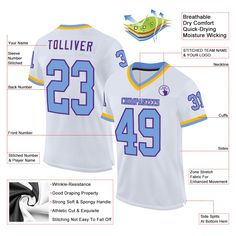 Order the jersey with special name & number you want from our shop, making a vibrant look on the field or daily life! Features: 1. Material: 100% Recycled Polyester-Body; 88% Nylon/12% Spandex-Neckline, Sides, Sleeves 2. Fit: Authentic jerseys have an athletic cut that fits snug in the chest and shoulders. 3. Stitched tackle twill name and numbers 4. Sublimated stripes on sleeves 5. Zone stretch fabric for enhanced movement; Tailored fit designed for movement 6. Moisture-wicking fabric has spongy handle, good draping property and elasticity as well as good dimensional stability and wrinkle-resistance 7. Breathable & Quick-Drying; Exquisite stitching not easy to fall off 8. No-tag neck label for clean comfort 9. Machine wash, Do Not Tumble Dry 10. Imported 11. Non-alcoholic Available For Wi White Jersey With Name Print For Sports Season, White Jersey With Name Print, White Sports Jersey With Name Print, White V-neck Sports Jersey, Logo Number, Jersey Football, Blue Football, Personalized Football, Custom Football