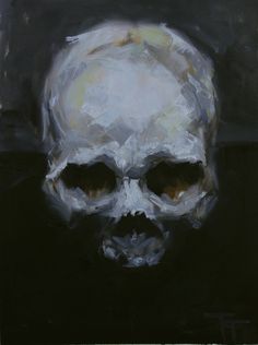 a painting of a white skull on a black background