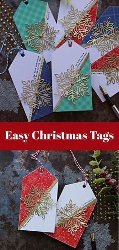 christmas tags made with paper and gold foil