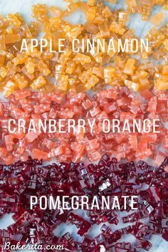 four different types of oranges and cranberries are shown in this color chart