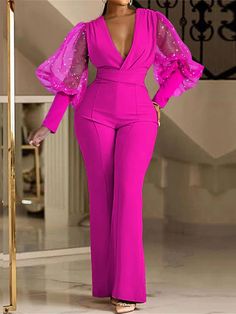 Women's Jumpsuit High Waist Solid Color V Neck Elegant Wedding Party Regular Fit Long Sleeve Blue Fuchsia Green S M L Spring 2024 - $41.99 High Waist Jumpsuit, Slim Jumpsuit, Look Rose, Fitted Jumpsuit, Casual Wide Leg Pants, فستان سهرة, Jumpsuit Party, Sleeves Clothing, Long Sleeve Jumpsuit