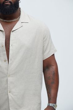 Available In Stone. Fold Down Collar Front Button Closure Short Sleeve Pair With "Bahamas Linen Cargo Short" Pair With "Bahamas Linen Shorts" Pair With "Bahamas Linen Pants" Shell: 55% Linen 45% Cotton Imported | Mens Bahamas Linen Shirt in Stone size 2XL by Fashion Nova Beach Shirt With Camp Collar And Button Closure, Vacation Shirt With Johnny Collar And Button Closure, Beach Shirt With Camp Collar, Camp Collar Shirt With Button Closure For Beach, Beige Camp Collar Top For Beach, Beige Camp Collar Top For The Beach, Beige Relaxed Fit Camp Shirt For Beach, Beige Relaxed Fit Camp Shirt For The Beach, Beach Tops With Spread Collar And Button Closure