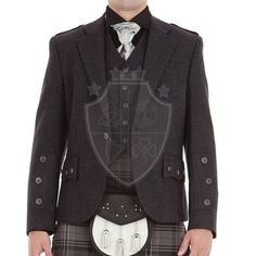 Men's Scottish Charcoal Wool Argyle Kilt Jacket With 5 Button Vest 17th Century Argyle Wedding Jacket | Chest Size 34" to 54" Inches. Matching wooden style buttons. Fully lined with satin. 3 pockets at front. 2 internal pockets. 2 pocket waistcoat. Waistcoat is also fully lined and has 5 matching buttons. COMPLETE CUSTOMISE JACKET: Scottish Clans Attire is the Ultimate Scottish Clothing and Accessories Shop that offer an Extensive Range of High-Quality Costume Made Outfits. We offer the ultimate customization in creating your a very own Jacket. We customized Jacket exclusively tailored for you. Just send your valid measurements to complete customization of your jacket, and receive a state of the art Jacket that is fit for you. Semi-formal Winter Blazer With Black Buttons, Long Sleeve Blazer With Button Cuffs For Wedding, Classic Wedding Blazer With Buttons, Long Sleeve Wedding Blazer With Button Cuffs, Wedding Long Sleeve Blazer With Button Cuffs, Tailored Outerwear With Buttons For Wedding, Classic Single-breasted Wedding Outerwear, Classic Wedding Blazer With Pockets, Classic Winter Suits With Button Details