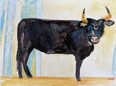 a painting of a black cow with horns