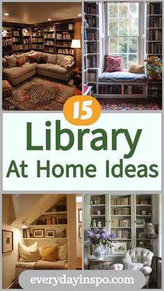 some bookshelves and couches with the words library at home ideas