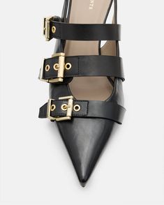 Grace Leather Buckle Slingback Heels Black | ALLSAINTS US Buckled Heels, Slingback Shoes, Slingback Heel, Slingback Pump, Leather Buckle, Court Shoes, Leather Chain, Black Pumps