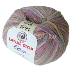 a ball of yarn that is pink, grey and white with the words lanas stop on