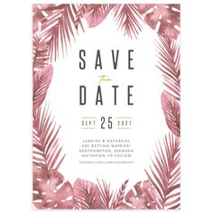 save the date card with pink leaves