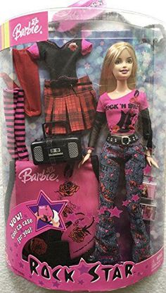 the barbie doll is dressed in pink and black clothes with stars on her shirt, jeans and boots