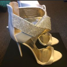 Giuseppe Ella Heels In White Satin And Rhinestones. 5 1/2 Inch Heel Only Worn Once To A Wedding. Too Narrow For My Feet So Must Sell These Amazing Shoes. Luxury Silver Heels With 4-inch Heel, Giuseppe Zanotti Platform Heels, Glamorous Metallic Silver Heels With 4-inch Heel, Giuseppe Zanotti Heels, Zanotti Shoes, Giuseppe Zanotti Shoes, 2 Inch Heels, White Satin, White Silver