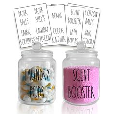 three jars filled with different types of bath salts and labels for laundry pods on them