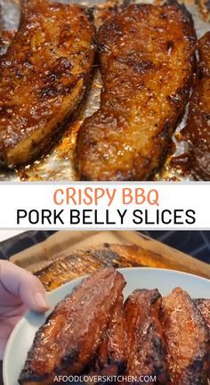 crispy bbq pork belly slices on a white plate with text overlay that reads crispy bbq pork belly slices