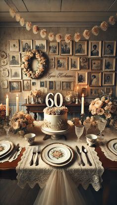 the table is set with plates, silverware, and a cake that says 60