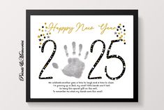 a happy new year card with the number twenty five and handprints on it