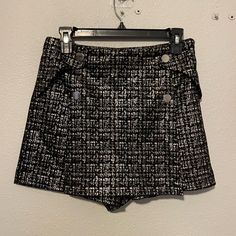 Nwt Zara Houndstooth Skirt. Silver Buttons And Gold And Silver Metallic Detailing. Zara High Waist Skort For Party, Silver Fitted Shorts For Night Out, Zara Silver Bottoms For Party, Zara Party Bottoms With Short Length, Zara Party Bottoms Short Length, Zara Fitted Shorts For Party, Zara Silver Party Bottoms, Zara Party Bottoms, Zara Fitted Party Shorts