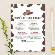 a brown and white cow printable baby shower game with the words what's in your phone?