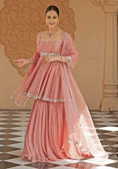 Onion Pink Peplum Kurta Sharara Set Esha Koul - Fabilicious Fashion Sharara Hand Design, Sharara Simple Designs, Kurta Sets For Women Wedding, Anarkali Sharara Suits, Sharara Sleeves Design, Kurta Lehenga Designs, Sharara Set For Women, Sharara Kurta Designs, Pink Suits Women Indian