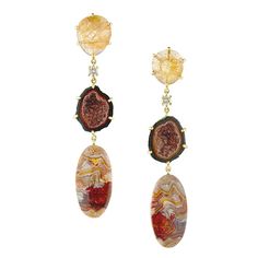 Grand Canyon 18k One of a Kind 3-Tier Gemstone Earrings: Star Rutilated Quartz, Diamond, Black Druzy Geode & Crazy Lace Agate Diamonds illuminate one of a kind, ethically sourced gemstone earrings elegantly handset in 18k gold in New York City. The dynamic combination of colors & striking textures are reminiscent of the ethereal natural beauty of the Grand Canyon. Minimalist lightweight statement earrings. Top Gemstone: Star Rutilated Quartz; Center Gemstone: Black Druzy Geode; Bottom St Jewelry Market, Earrings Star, Jewellery Marketing, The Grand Canyon, Signature Jewelry, Crazy Lace Agate, Rutilated Quartz, Color Textures, Lace Agate