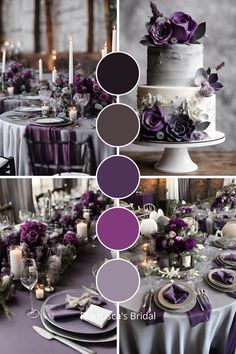 the table is set with purple and white flowers, candles, and cake for an elegant wedding