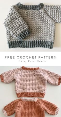 two knitted sweaters with text that says free crochet pattern, baby farm crafts