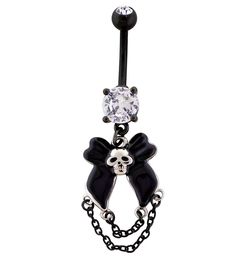 Edgy belly button ring with a dangling bow design with a skull face in the center and attached, dangling chains. Made from black pvd on stainless steel. Size 14G with a 3/8" (10mm) barbell length. Cool belly ring for your navel piercing collection. Sold individually (1pc). Free shipping on domestic orders over $20! Gothic Navel Piercing, Black Navel Piercing, Emo Belly Button Piercing, Black Belly Button Piercing, Double Navel Piercing, Piercing Collection, Body Jewerly, Belly Piercings, Navel Piercing