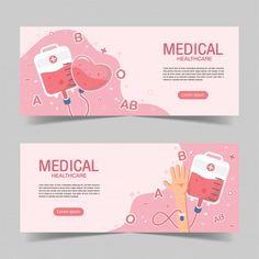 two medical banners with hand and stethoscope on the pink background, flat design