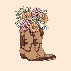 a pair of cowboy boots with daisies in them on a light pink background illustration