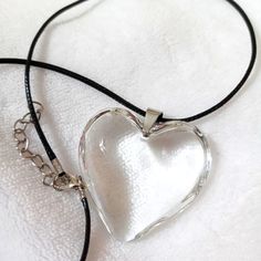 Large Glass Heart Transparent Clear White Color Leather Necklace Pendant Choker Necklace Length Length 17 Inch Adjustable Valentine's Day Clear Glass Jewelry, Clear Heart Charm Necklace, Clear Glass Heart Pendant Necklace, Clear Glass Heart-shaped Jewelry, White Heart-shaped Resin Jewelry, Clear Heart Necklace, Leather Necklace Pendant, Heart Transparent, Glass Heart Necklace